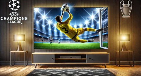 DALL·E 2024-11-27 20.39.59 - A professional goalkeeper in action, diving to make a save, set in the evening under bright stadium floodlights with the Champions League atmosphere.