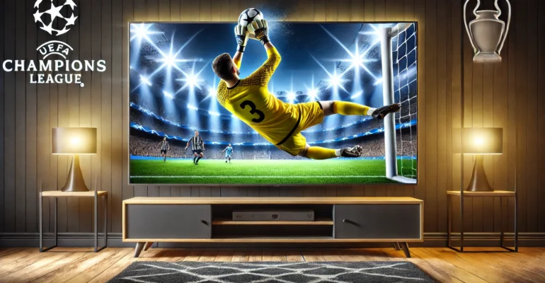 DALL·E 2024-11-27 20.39.59 - A professional goalkeeper in action, diving to make a save, set in the evening under bright stadium floodlights with the Champions League atmosphere.